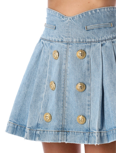 Shop Balmain Denim High Waisted Mini Skirt In Blue Jean