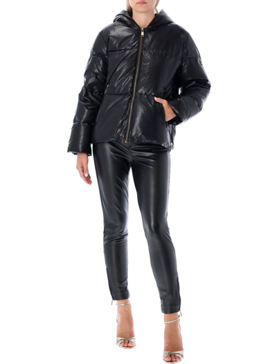 Shop Michael Michael Kors Faux Leather Hooded Down Jacket In Black