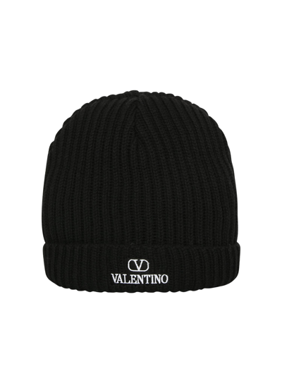 Shop Valentino Garavani Ribbed Wool Hat With Iconic  Garavani Logo In Black