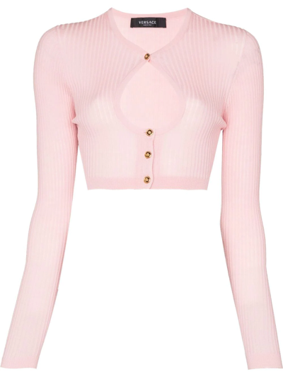 Shop Versace Cut-out Cropped Cardigan In Rosa