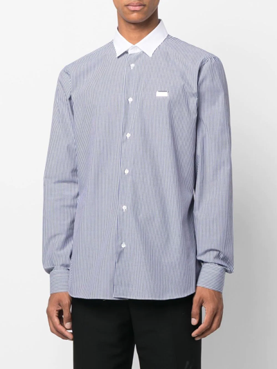 Shop Philipp Plein Logo-print Striped Cotton Shirt In Blau