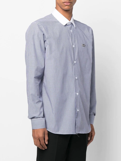 Shop Philipp Plein Logo-print Striped Cotton Shirt In Blau