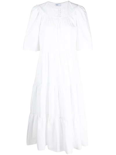 Shop Rosetta Getty Button-up Tiered Midi Dress In Weiss