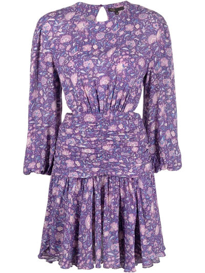 Shop Maje Floral-print Cut-out Ruched Dress In Purple