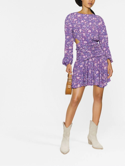 Shop Maje Floral-print Cut-out Ruched Dress In Purple