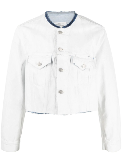 Shop Maison Margiela Collarless Cropped Denim Jacket In Weiss