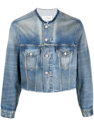 Shop Maison Margiela Collarless Cropped Denim Jacket In Blau