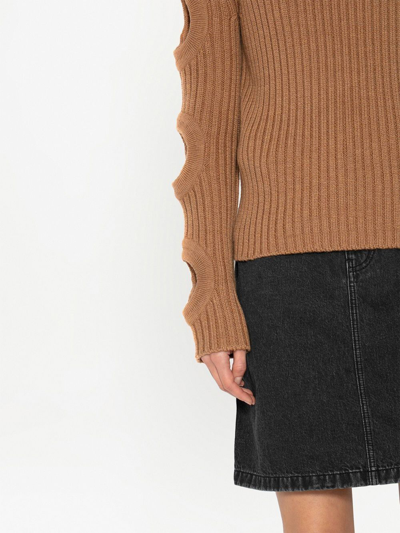Jw Anderson Merino Wool Cutout-sleeve Turtleneck Sweater In Braun
