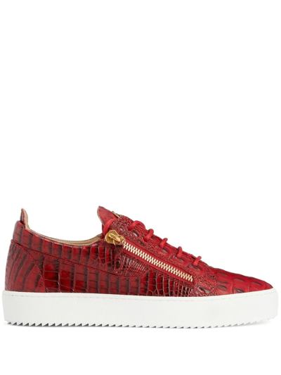 Shop Giuseppe Zanotti Frankie Crocodile-embossed Low-top Sneakers In Red