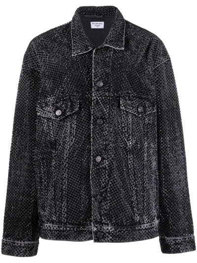 Shop Balenciaga Oversize Crystal-embellished Denim Jacket In Black