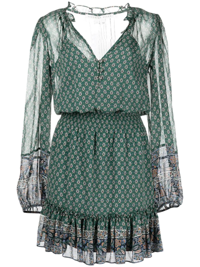 Veronica Beard Destiny Printed Smocked Waist V-neck Mini Dress In Grün