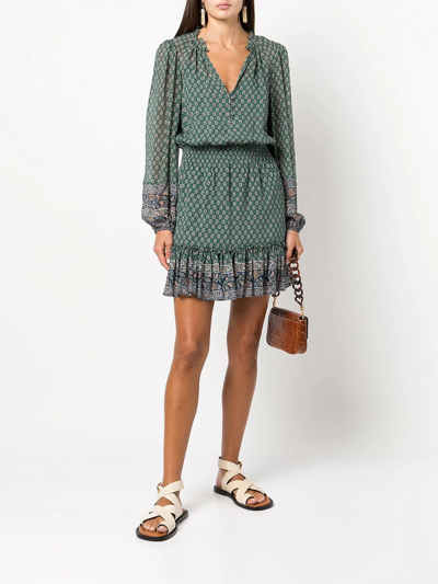 Veronica Beard Destiny Printed Smocked Waist V-neck Mini Dress In Grün