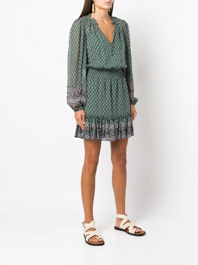 Veronica Beard Destiny Printed Smocked Waist V-neck Mini Dress In Grün