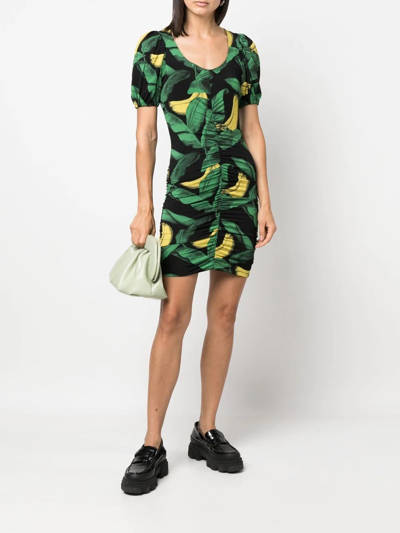 Shop Ganni Banana-print Puff-sleeve Dress In Schwarz