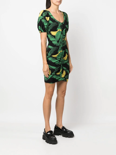 Shop Ganni Banana-print Puff-sleeve Dress In Schwarz