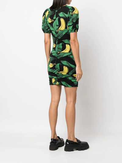 Ganni Printed Drapey Jersey Mini Dress In Black