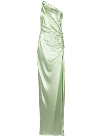 Shop Michelle Mason Gathered-detail One-shoulder Silk Gown In Green