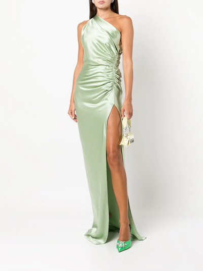 Michelle Mason Gathered-detail One-shoulder Silk Gown In Green