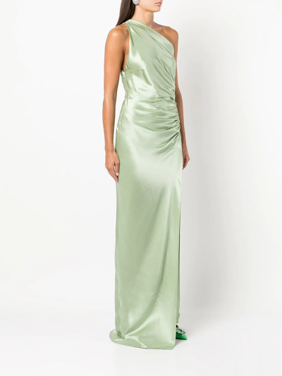 Michelle Mason Gathered-detail One-shoulder Silk Gown In Green