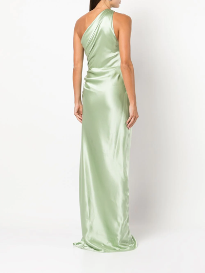 Michelle Mason Gathered-detail One-shoulder Silk Gown In Green