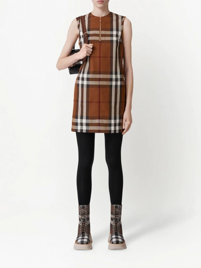 Shop Burberry Check-pattern Sleeveless Dress In Brown