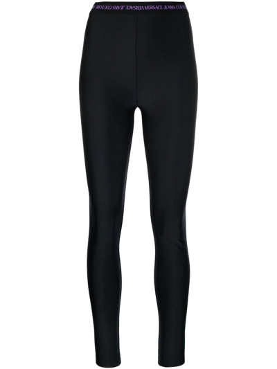 Shop Versace Jeans Couture Logo-waistband Stretch Leggings In Schwarz
