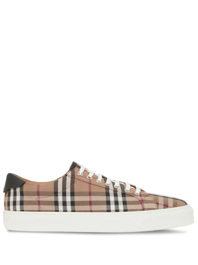 Shop Burberry Vintage Check Leather-trim Sneakers In Braun