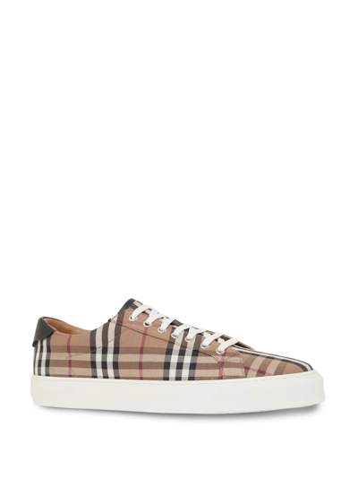 Shop Burberry Vintage Check Leather-trim Sneakers In Braun