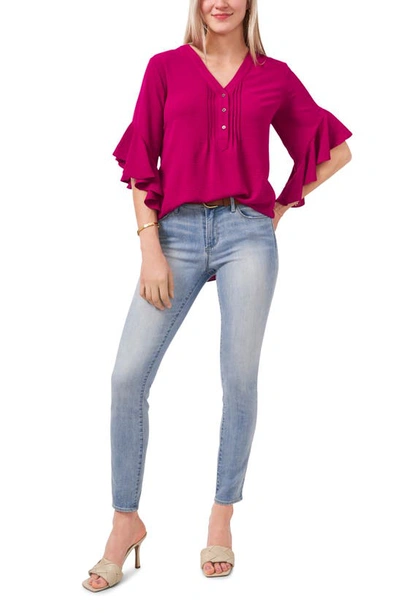 Shop Vince Camuto Flutter Sleeve Henley Blouse In Fuchsia Fury