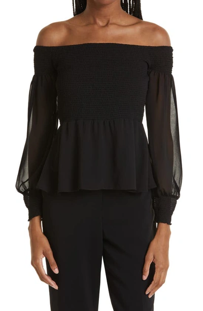 Shop Donna Karan Smocked Off The Shoulder Georgette Top In Black