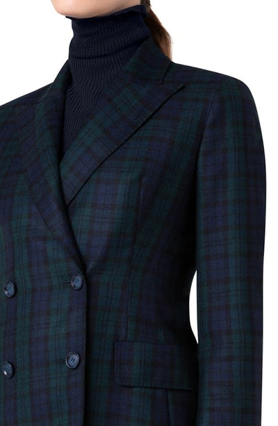 Shop Akris Plaid Long Double Breasted Cashmere Blazer In 057 Navy-gallus Green