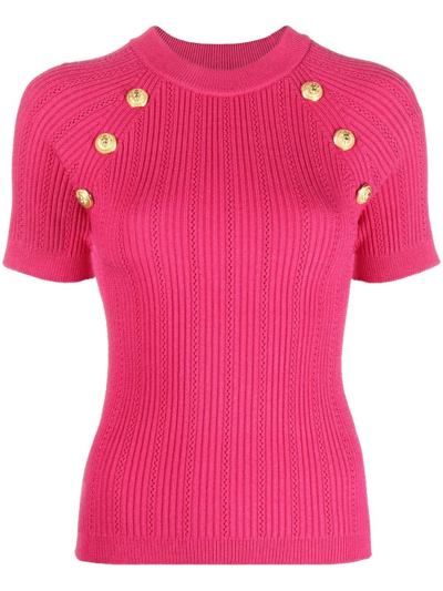 Shop Balmain Button-detail Short-sleeve Top In Pink