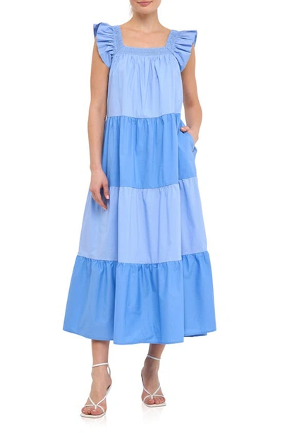 English Factory Flutter Sleeve Colorblock Cotton Midi Dress In Blue Multi