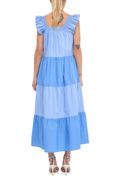 English Factory Flutter Sleeve Colorblock Cotton Midi Dress In Blue Multi