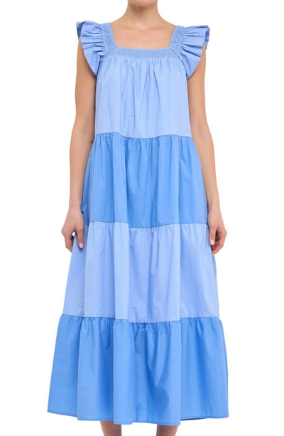 English Factory Flutter Sleeve Colorblock Cotton Midi Dress In Blue Multi
