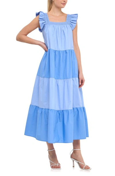 English Factory Flutter Sleeve Colorblock Cotton Midi Dress In Blue Multi