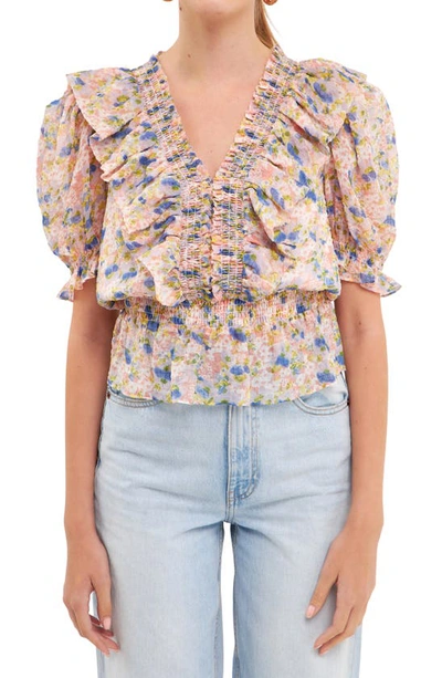 Endless Rose Smocked Ruffle Floral Blouse In Pink Multi