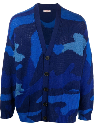 Shop Valentino Camouflage-pattern Virgin Wool Cardigan In Blue