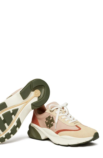 Tory Burch Good Luck Suede-trimmed Sneakers In Salmon / Olive / Sand