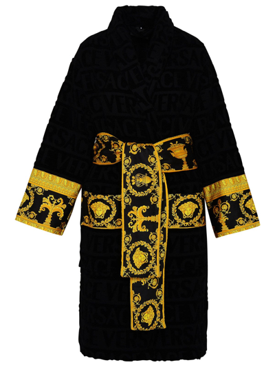 Shop Versace Barocco Cotton Bathrobe In Black