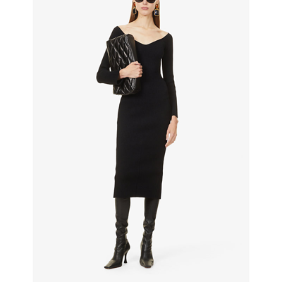 Shop Khaite Pia Ribbed V-neck Woven-knit Midi Dress In Black
