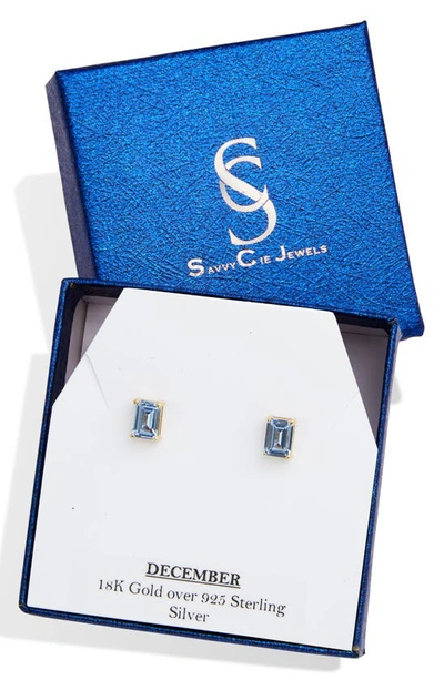 Savvy Cie Jewels Vermeil Sterling Silver Emerald Cut Cz Box Stud Earrings In Blue Topaz - December