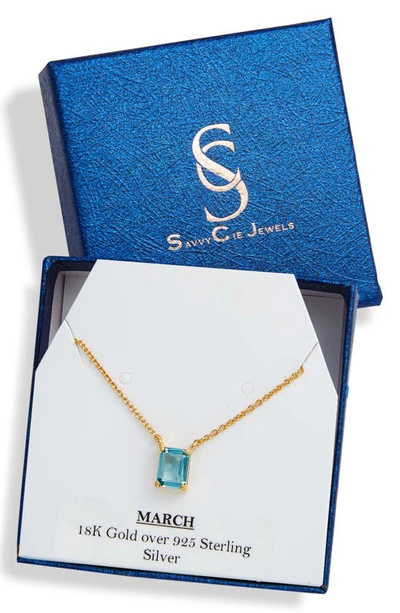Savvy Cie Jewels Vermeil Emerald Cut Cz Birth Stone Box Cut Necklace In Aquamarine - March