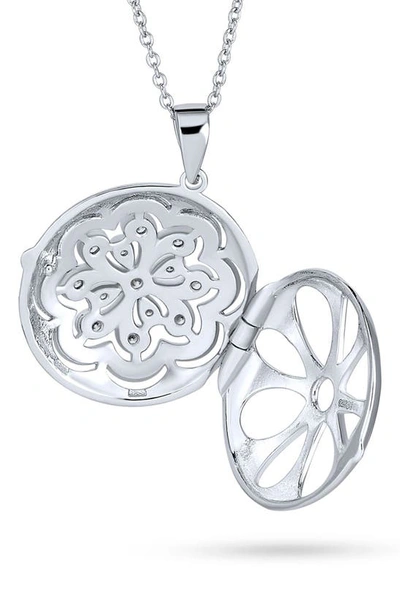 Bling Jewelry Rhodium Plated Sterling Silver Filigree Flower Diffuser Locket Necklace In Silver