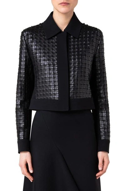 Shop Akris Lewitt Faux Leather Grid Crop Jacket In 009 Black