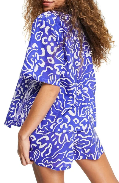 Shop Topshop Print Cover-up Cotton Shirt & Shorts Set In Mid Blue
