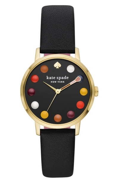 Shop Kate Spade Metro Leather Strap Watch, 34mm In Black/gold