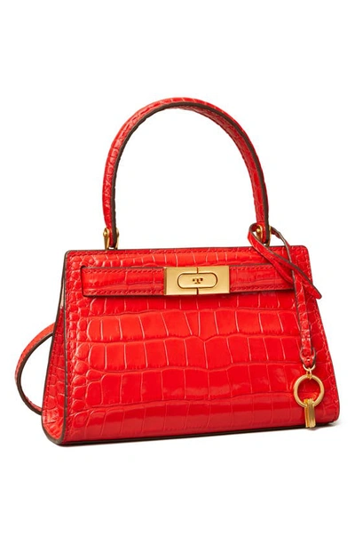 Shop Tory Burch Lee Radziwill Croc Embossed Leather Tote In Brilliant Red