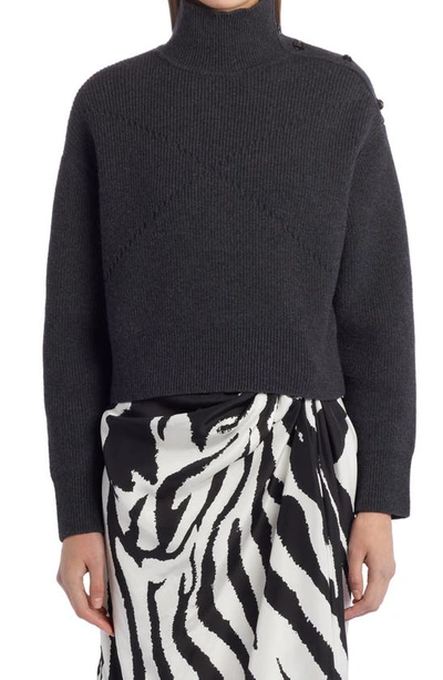 Shop Bottega Veneta Button Shoulder Rib Cashmere Blend Crop Turtleneck Sweater In Slate