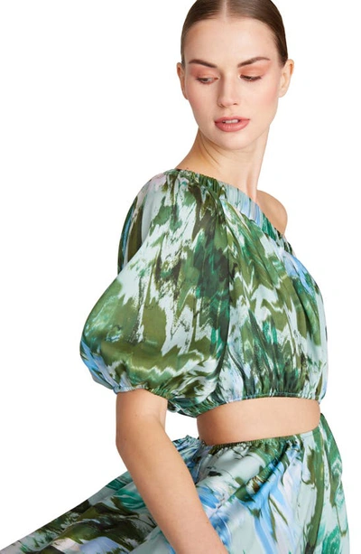Shop ml Monique Lhuillier One-shouder Satin Midi Cocktail Dress In Ikat Emerald